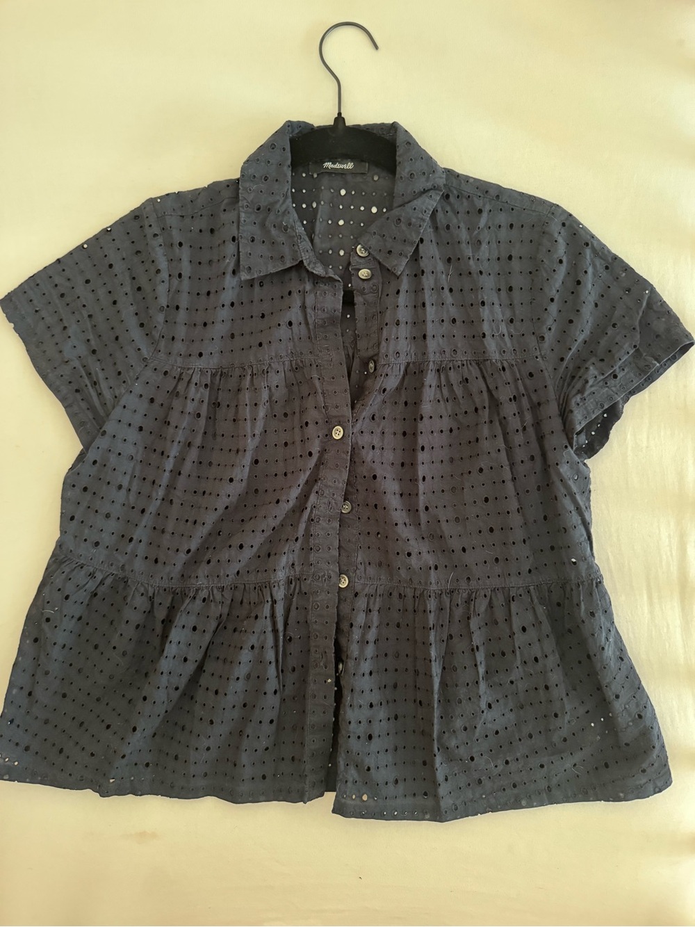 Madewell Button-Front Eyelet Peplum Top - Navy